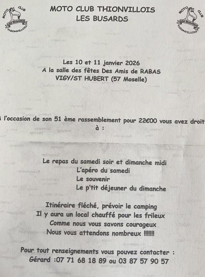 51ème RASSEMBLEMENT MOTO CLUB THIONVILLOIS à Vigy-sur-Saint-Hubert (57640 Moselle) les 10-11/01/26