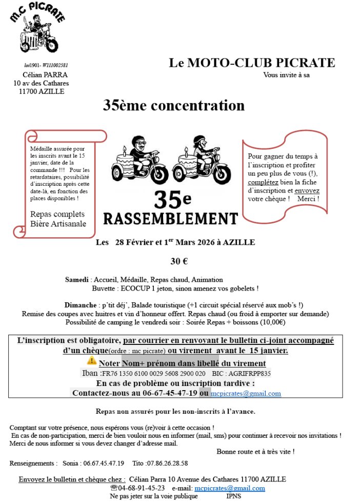 35ème RASSEMBLEMENT MC PICRATE à Azille (11700 Aude) du 28/02/26 au 01/03/26
