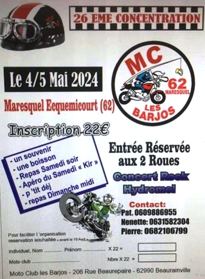 26ème CONCENTRATION MC LES BARJOS à Maresquel Ecquemicourt (62990 Pas-de-Calais) les 04-05/05/24