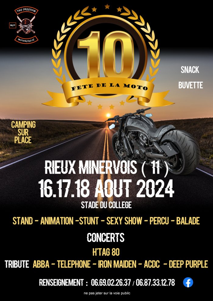 10ème FÊTE DE LA MOTO à Rieux-Minervois (11160 Aude) du 16/08/24 au 18/08/24