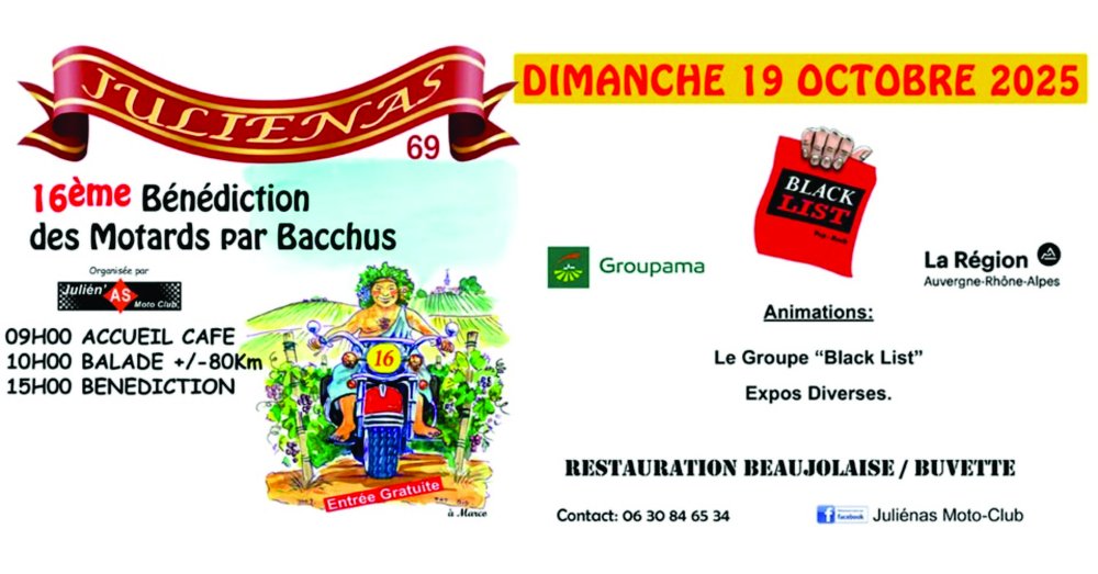 16ème BÉNÉDICTION DES MOTARDS PAR BACCHUS à Juliénas (69840 Rhône) le 19/10/25