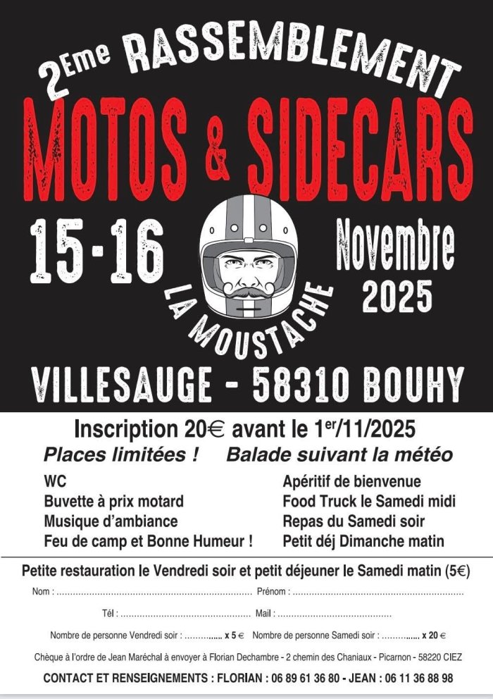 2ème RASSEMBLEMENT MOTOS & SIDECARS à Bouhy (58310 Nièvre) les 15-16/11/25