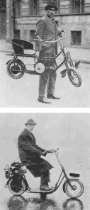 1920: la chaise moto Allemande Golem (elle atteignait 38,4 km/h). En bas: l'ancêtre du scooter, le Skootamota, date de 1912 (1,5 ch, 40 kg, 30 km/h).