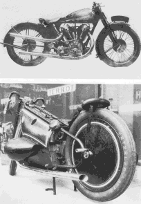 (En haut) La 1000 Koehler-Escoffier (1930), avec son moteur à deux cylindres en V à arbre à cames en tête et ses quatre tubes d'échappement, fut la plus prestigieuse des motos Françaises. Fabriquée seulement à une quinzaine d'exemplaires, on en connaît actuellement trois. (En bas) BMW, firme Munichoise, fut l'une des toutes premières à installer des compresseurs sur ses modèles de compétition. A ce titre, la 750 cm3 de Henne (1930) fut la première moto de record, d'une technique véritablement moderne. Elle détint d'ailleurs à plusieurs reprises le record du monde de vitesse.