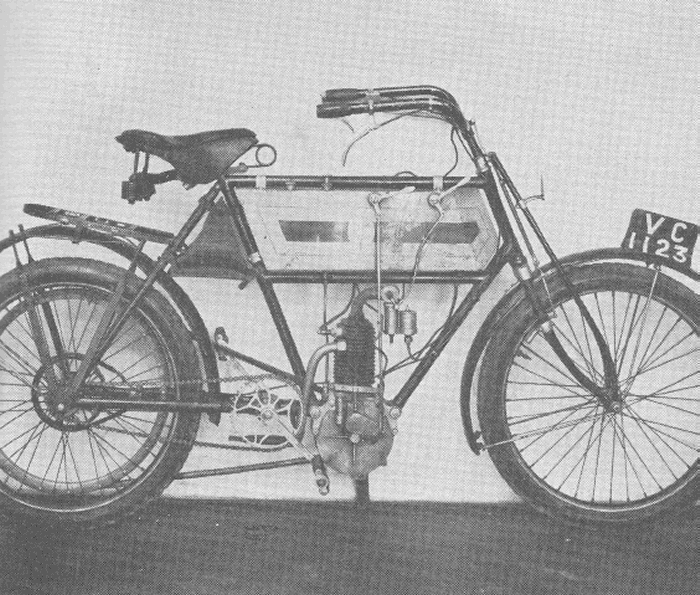 The 2 hp 1/2 Triumph of 1904, fitted with their own engine, an automatic inlet valve pattern already outdated by the Minerva engine they rejected.