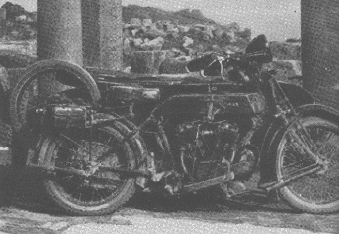 Satanella, the 1924-25 799 cc twin-cylinder AJS on which Lt-Cdr Oswald Frewin carried out a series of incredible long-distance tours from the Arctic circle to Morocco. The picture was taken in Algeria in 1926.