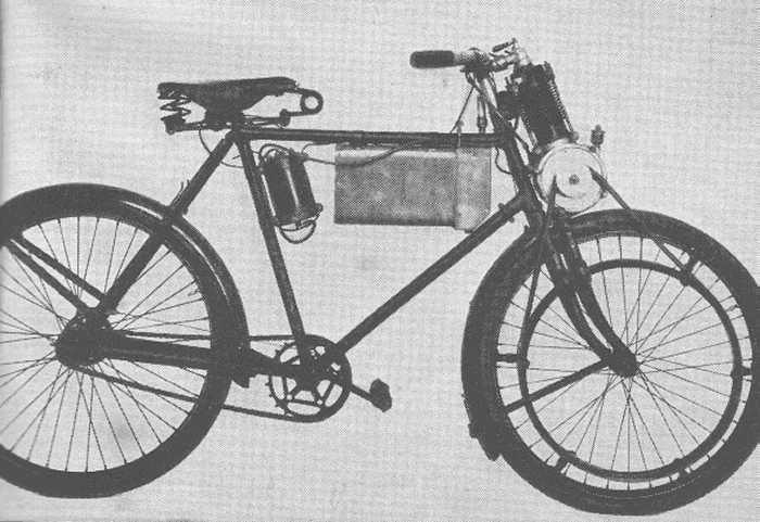 The Werner machine of 1899 . Rated at a nominal 1 hp 1/2, it was the first motor bicycle to sell in this country in any quantity and had several imitators.