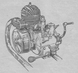 Bloc moteur moderne fonctionnant d'après le cycle à deux temps, muni d'un kick-starter et d'un changement de vitesse au pied.