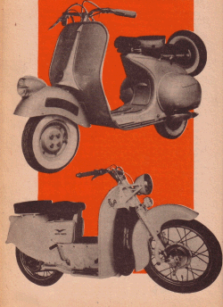 En haut: Un nouveau venu, le scooter, qui connaît une vogue extraordinaire en Italie et dont le succès s'affirme dans de nombreux pays européens (ci-dessus: le Vespa). En bas: Le Guzzi « Galletto », compromis entre la moto et le scooter...