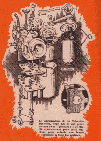 Le carburateur de la Velocette flat-twin, type LE. Il est genre voiture avec 7 gicleurs (!) et étudié spécialement pour cette machine pour obtenir une bonne souplesse à tous les régimes.