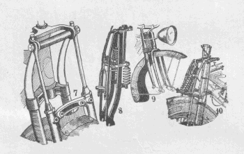 Quelques autres types de fourches élastiques: 7 Fourche F.N. - 8 Fourche Druid - 9 Fourche Reading-Standard - Fourche B.S.A.