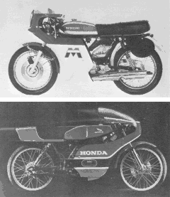 En haut: 125 Motobécane LT3 Coupé. L'effort Français pour faire figurer en bonne place, sur nos circuits, une machine tricolore (Motobécane). En bas: La Honda 125 MR dérivée du moteur cross de la marque, est destinée au marché des formules de promotion. (Moto Revue)