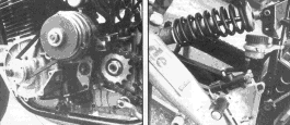 A gauche: l'alternateur de type automobile est entraîné par une courroie prise en bout de vilebrequin. A droite: pas de place perdue et une accessibilité à toute épreuve pour le gros amortisseur unique De Carbon et le système de frein AR.