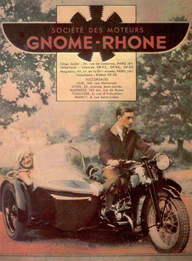Document extrait du catalogue Gnome-Rhône de l'époque. Outre les coordonnées des différents points de vente de la firme, nous voyons ci-dessous un très bel attelage de la marque. (clichés D. Pascal).