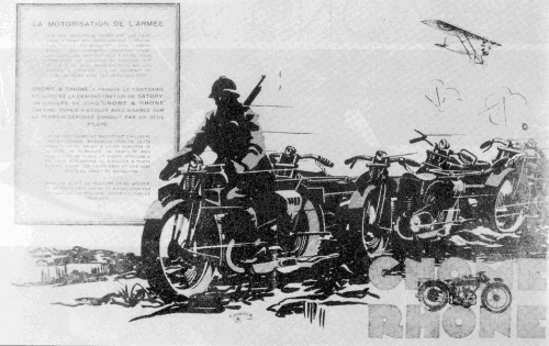 La motorisation dans l'armée vue par Gnome et Rhône avec une curieuse expérience de cinq motos menées par un seul pilote.