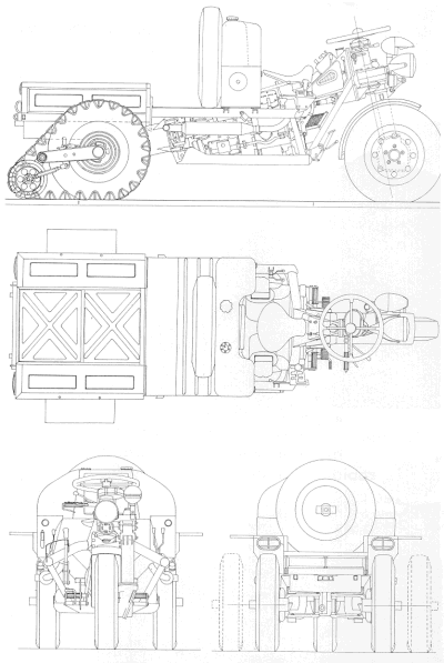 Vue de profil du véhicule. Le galet de route a été abaissé pour placer la chenille autour de la roue arrière. Le véhicule vu du dessus et en bas à gauche la vue de face. En bas à droite la vue arrière. En pointillés: les roues arrières en position large (avec extenseur d'arbres) pour la circulation en fort dévers.