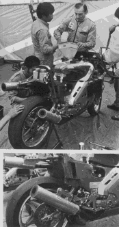 Quelques-unes des rares photos de la 500 Honda et de son moteur alors que les mécaniciens travaillent dessus. Un quatre cylindres en V d'une architecture relativement classique mais avec des détails intérieurs inhabituels. Quant à la partie-cycle, un cadre mono-poutre cantilever et un système anti-plongée sur la fourche avant...