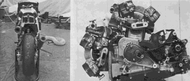 Quelques-unes des rares photos de la 500 Honda et de son moteur alors que les mécaniciens travaillent dessus. Un quatre cylindres en V d'une architecture relativement classique mais avec des détails intérieurs inhabituels. Quant à la partie-cycle, un cadre mono-poutre cantilever et un système anti-plongée sur la fourche avant...