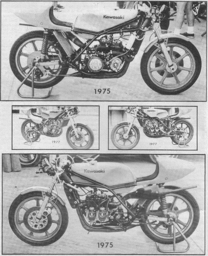 Opposées deux à deux les vues latérales de la 250 Kawa apparue à Daytona en 1976 et notre modèle 77 d'essai.