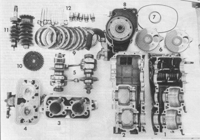 Sur cette photo sont rassemblées toutes les pièces du moteur de la 250 Kawasaki.