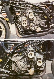 Le moteur de la 500 Suzuki d'usine est un quatre cylindres deux temps en carré (deux cylindres devant, deux derrière décalés vers le haut). Il y a quatre vilebrequins séparés et un arbre intermédiaire de transmission primaire. L'admission du mélange air/essence se fait par quatre carburateurs latéraux débouchant directement dans le bas-moteur. Les échappements passent sous le moteur pour les cylindres avant et partent horizontalememt vers l'arrière pour les deux autres. L'allumage est électronique et situé devant le pignon de sortie de boite. Le refroidissement par eau passe par le radiateur (devant le moteur), des durites rejoignant les quatre culasses. Le petit récipient sous les carburateurs est un récupérateur de mélange ; Il est obligatoire et empêche le surplus de carburant de se répandre sur le pneu arrière ou sur la piste d'où des risques sérieux de chute.