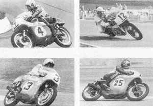 En haut à gauche: Dick Mann, 2 fois vainqueur en 71 et 72 sur Honda et BSA d'usine. En haut à droite: Le style très particulier de Paul Smart, en 71, sur Triumph. En bas à gauche: Gene Romero, ici sur une Triumph, vainqueur en 75 sur une 750 Yam. En bas à droite: Don Emde (750 BSA usine), vainqueur en 72 sur une 750 Yam.